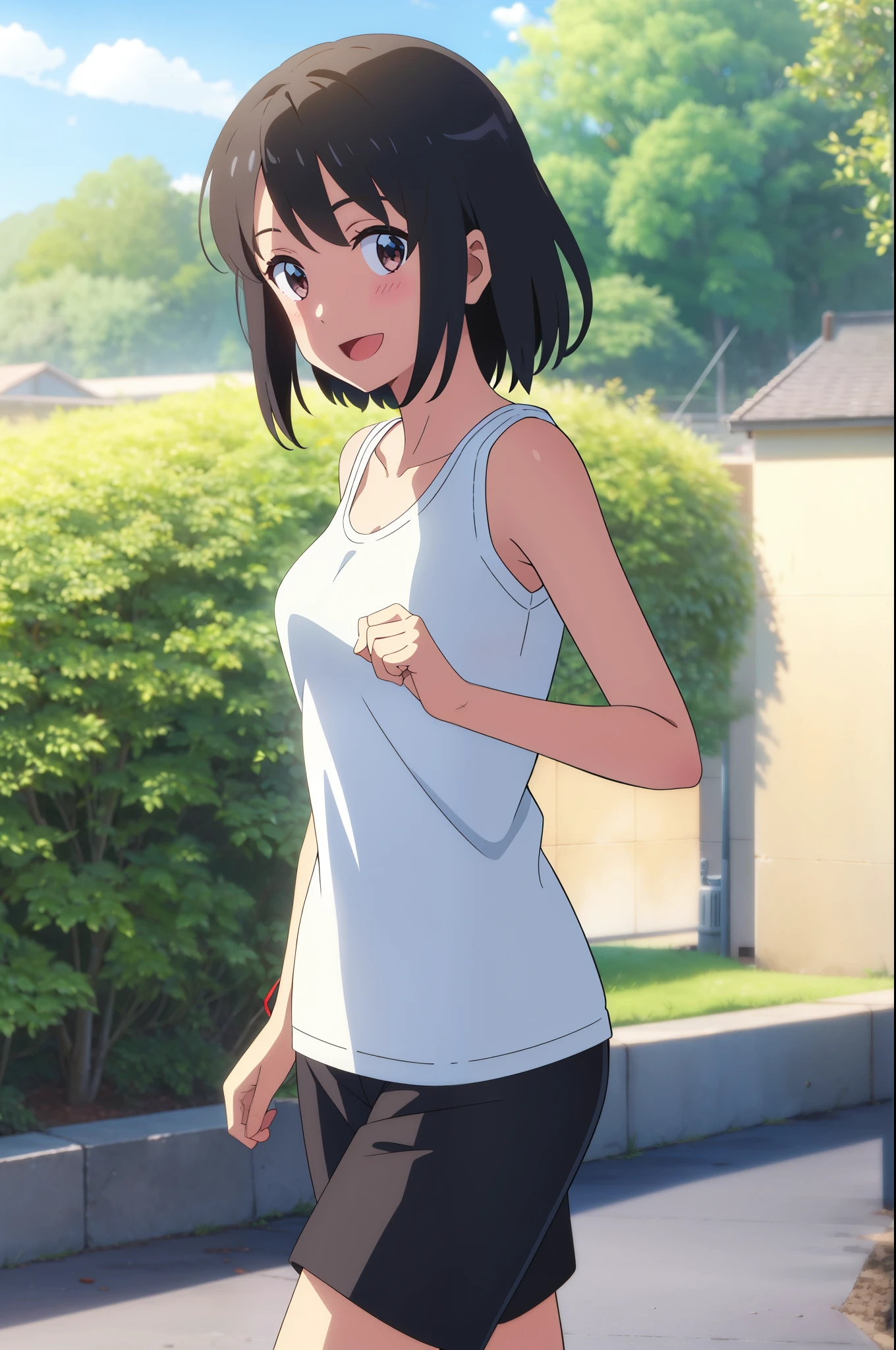 shinkai makoto, kimi no na wa., 1girl, bangs, black hair, blush, bright eyes, brown eyes, looking at the viewer, red headband, casual clothes, white t-shirt, black shorts, short hair, medium breasts, solo, day, outdoors, shinny skin, smile, happy, :D, blue_sky, sunlight, summer_season, scenery park, jogging, wind, tree