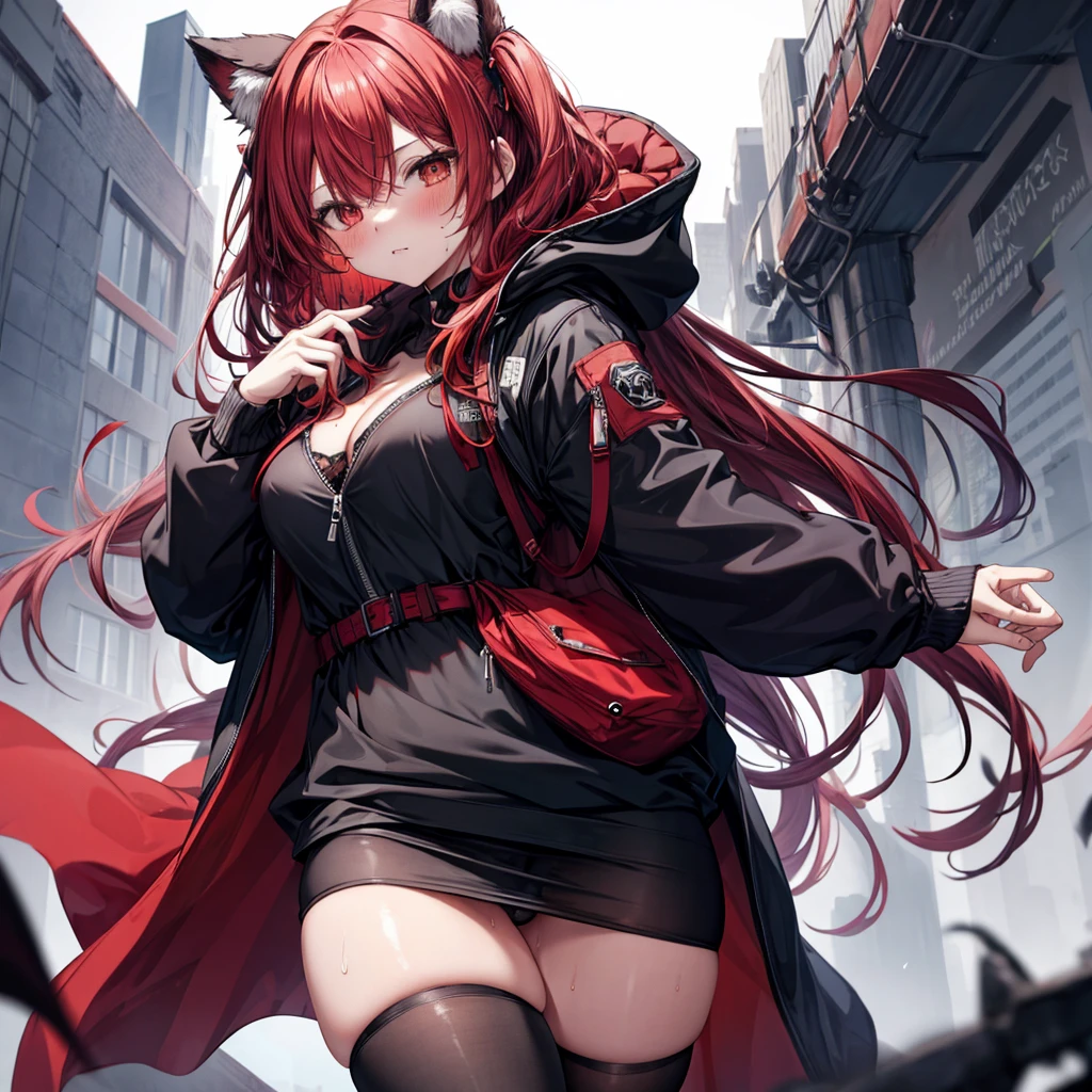 ((Highest quality)), ((masterpiece)), (detailed), an anime girl with small hips and big  in black and red, 1girl, breasts, underwear, hood, 独奏, panties, red hair, hooded jacket, panty pull, large breasts, naughty face, blush, jacket, long hair, black panties, cleavage, black jacket, leaning forward, see through, (sweat)