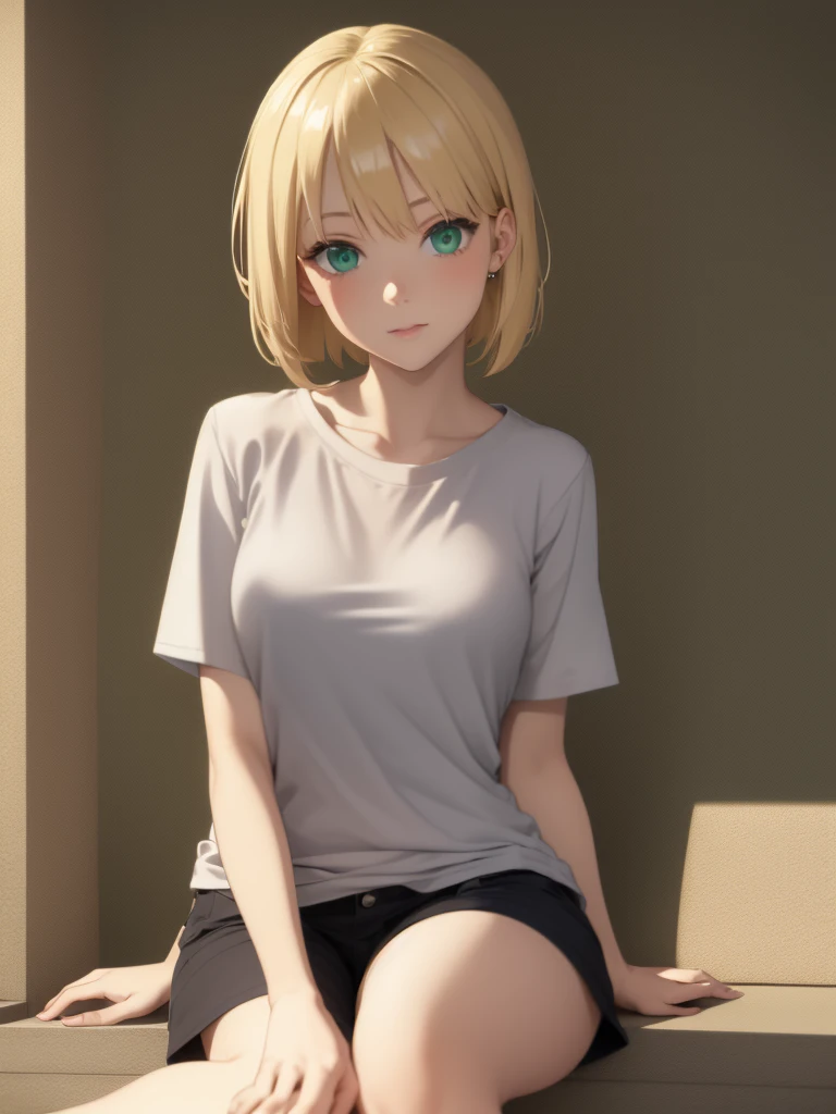 Girl with short shirt on, blonde hair and green eyes