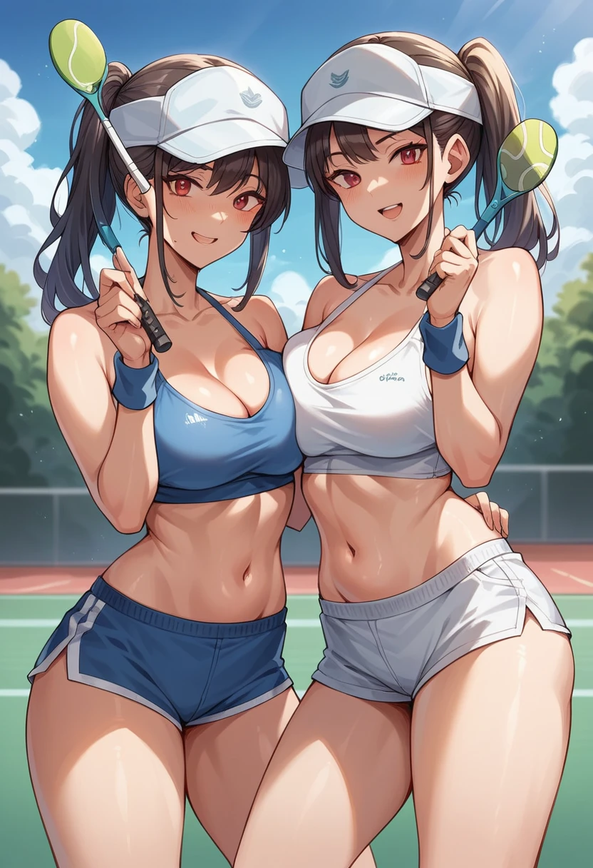 2girl,nsfw, glamorous, voluptuous, stand,smiling ((tennis wear,))