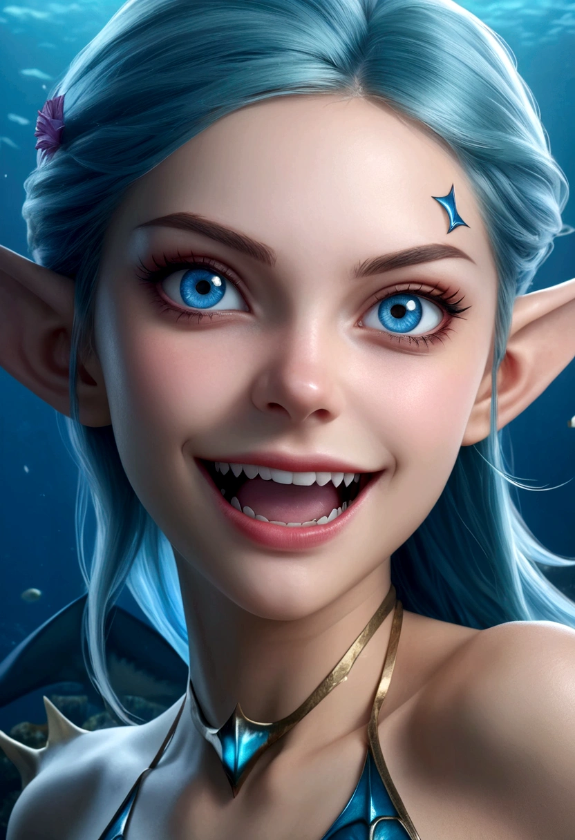 a fantasy undersea shark elf girl with blue eyes, sharp fangs, shark fin feature on back, looking back fiercely, (best quality,4k,8k,highres,masterpiece:1.2),ultra-detailed,(realistic,photorealistic,photo-realistic:1.37),digital art, cinematic lighting, dramatic, vivid colors, concept art