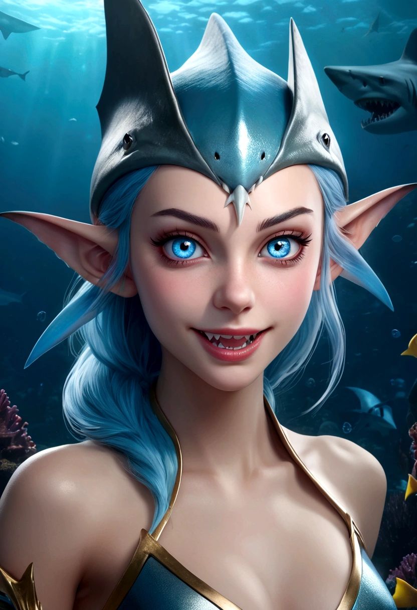 a fantasy undersea shark elf girl with blue eyes, sharp fangs, shark fin feature on back, looking back fiercely, (best quality,4k,8k,highres,masterpiece:1.2),ultra-detailed,(realistic,photorealistic,photo-realistic:1.37),digital art, cinematic lighting, dramatic, vivid colors, concept art