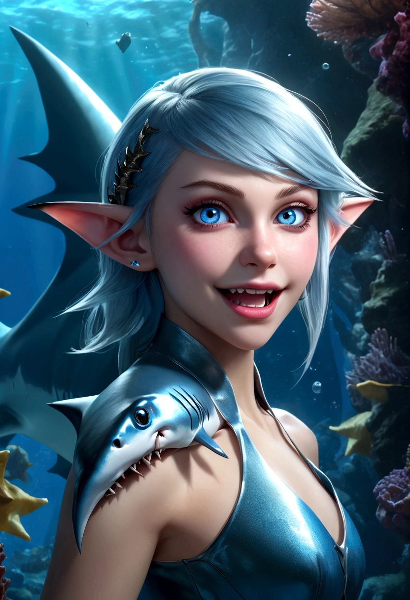 a fantasy undersea shark elf girl with blue eyes, sharp fangs, shark fin feature on back, looking back fiercely, (best quality,4k,8k,highres,masterpiece:1.2),ultra-detailed,(realistic,photorealistic,photo-realistic:1.37),digital art, cinematic lighting, dramatic, vivid colors, concept art