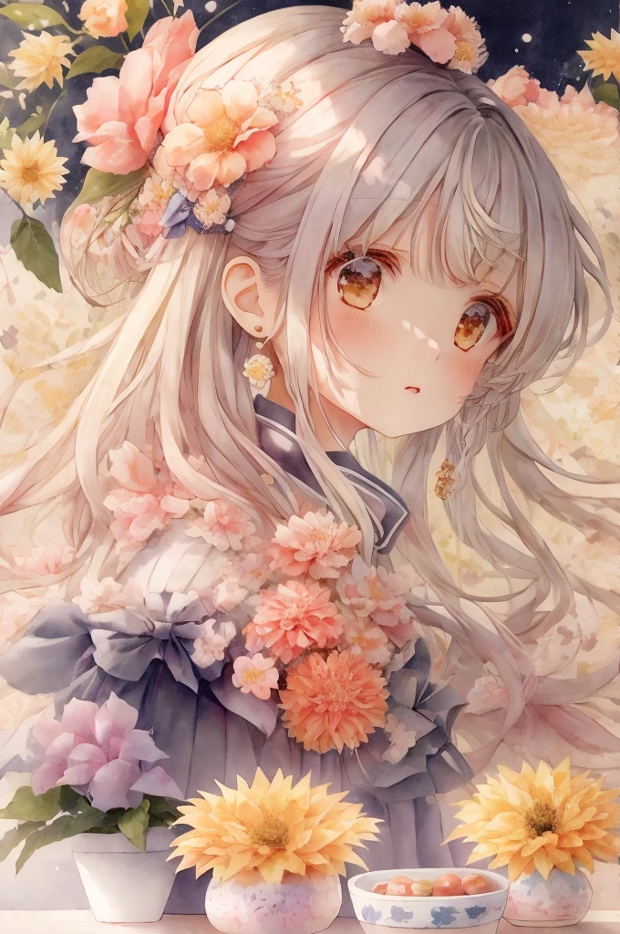 There is a picture of a girl and flowers in a pot.、cute詳細なデジタルアート、cuteアートワーク、cuteイラスト、cute詳細なアートワーク、cuteアートスタイル、Kuvisiato、cuteデジタルアート、Naohisa Inoue、Soft anime illustration、queen of flowers、🍁cute、Saku Miyazaki、Chibi Art、Naohisa Inoueに触発されました