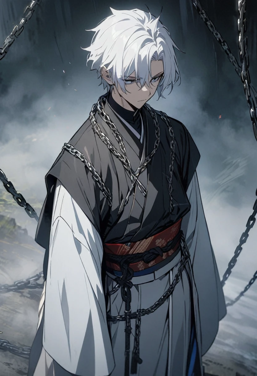 One boy, masterpiece, best quality, beautiful boy, expressionless, black extensions, white hair, kimono, chains, in the fog, anime