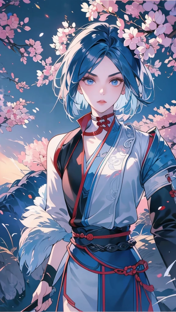 Masterpiece, Best quality, 1 Ji Ruxue, the expression is cold, strong, blue eyes, short hair, wolfcut hairstyle, smoky mix blue color hair, resolute eyes, red lips, simple Taoist Taoist uniform, Chinese mix morden, frontal photo, black or white background, simple background, anime, illustration, Chinese style short-sleeved shirt, cool girl, Full body frontal photo, full HD, chibi