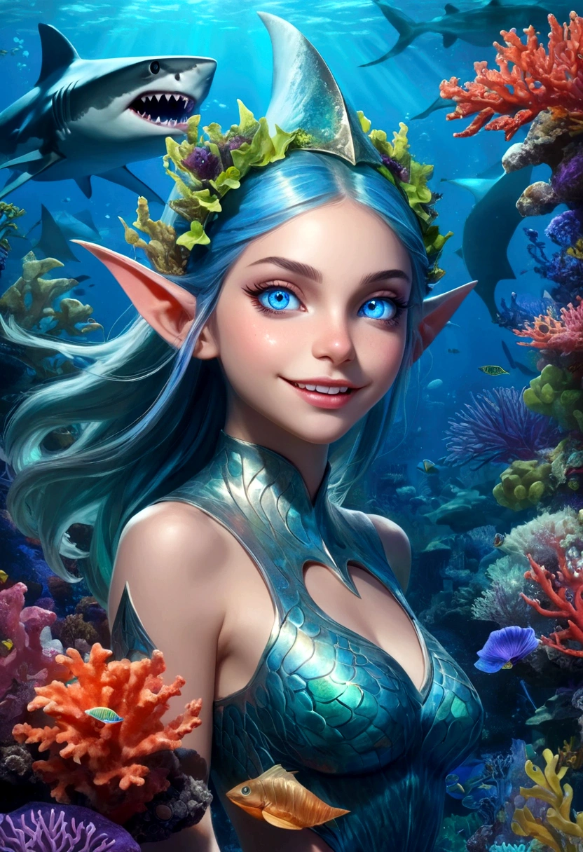 a fantasy shark elf girl with blue eyes, sharp fangs, shark fin feature on back, looking back, underwater scene, bioluminescent plants, coral reef, glowing anemones, dramatic lighting, colorful fish, photorealistic, intricate details, cinematic composition, vibrant blues and greens, seamless integration of fantasy and realism, masterpiece