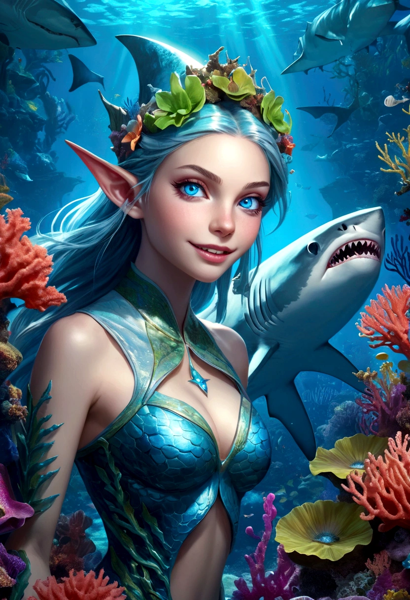 a fantasy shark elf girl with blue eyes, sharp fangs, shark fin feature on back, looking back, underwater scene, bioluminescent plants, coral reef, glowing anemones, dramatic lighting, colorful fish, photorealistic, intricate details, cinematic composition, vibrant blues and greens, seamless integration of fantasy and realism, masterpiece