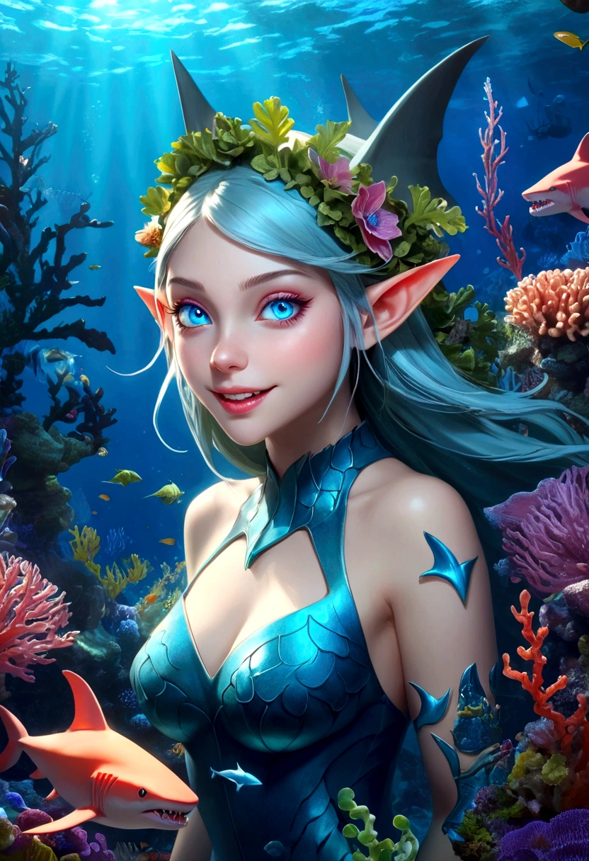 a fantasy shark elf girl with blue eyes, sharp fangs, shark fin feature on back, looking back, underwater scene, bioluminescent plants, coral reef, glowing anemones, dramatic lighting, colorful fish, photorealistic, intricate details, cinematic composition, vibrant blues and greens, seamless integration of fantasy and realism, masterpiece