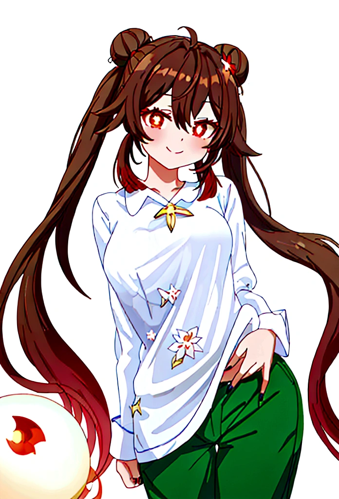 (by ikky:0.9), hutao \(genshin impact\), (cowboy shot), (anime style), (fantasy theme), (in a room, night), ((white background, all white background)), (looking at viewer, hand on hair, making a bun), (gentle smile, warm and inviting), (brown hair, small breasts, black nails), (twintails, red eyes with white flower in pupils), (wearing light green nighty shirt and long pants with stars, moons, and other space-related small icons), (cozy and intimate setting, soft lighting), (delicate features highlighted, intricate designs on pajamas), (beautiful color, detailed, aesthetic), (amazing quality: 1.4)