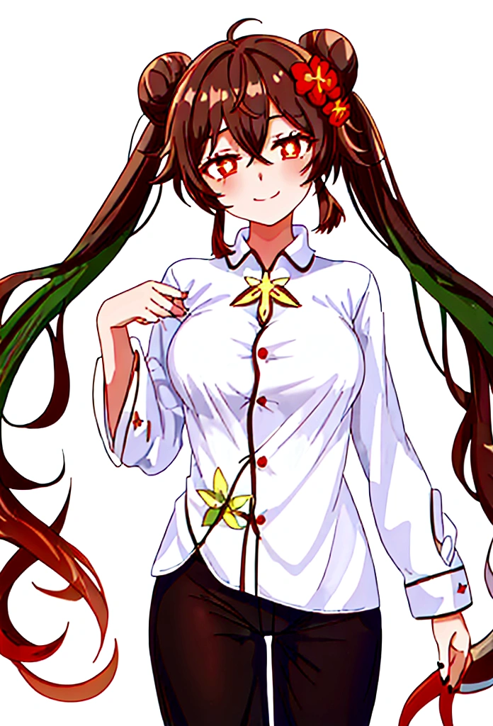 (by ikky:0.9), hutao \(genshin impact\), (cowboy shot), (anime style), (fantasy theme), (in a room, night), ((white background, all white background)), (looking at viewer, hand on hair, making a bun), (gentle smile, warm and inviting), (brown hair, small breasts, black nails), (twintails, red eyes with white flower in pupils), (wearing light green nighty shirt and long pants with stars, moons, and other space-related small icons), (cozy and intimate setting, soft lighting), (delicate features highlighted, intricate designs on pajamas), (beautiful color, detailed, aesthetic), (amazing quality: 1.4)