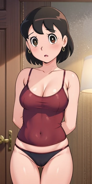 Hyper realistic super detailed sexy Lina, Very detailed, expressions faciales sexy, seductive facial expressions, [:(Face detail: 1.4): 0.4], 16K resolution, 4k resolution, dinamic lighting, High definition resolution, (hyper realistic: 1.4),(contrasting background: 1.5), (Anatomy of the hyperrealistic arm), (Hyperrealistic anatomy of the legs), (peau propre), (lighting cinematic: 1.7), (intime), (Technologie NVIDIA RTX Ray Tracing), Lina, breasts, short hair, brown eyes, tank top, thighs, strap slip, camisole, large breasts, underwear, see-through, bare shoulders, breasts, collarbone, navel, arms under breasts, panties, black panties, white tank top, covered nipples, earrings, masterpiece, looking at viewer, best quality, highly detailed, desire, blush, perfect hands, blush, shy, tight gap, skindentation, room.