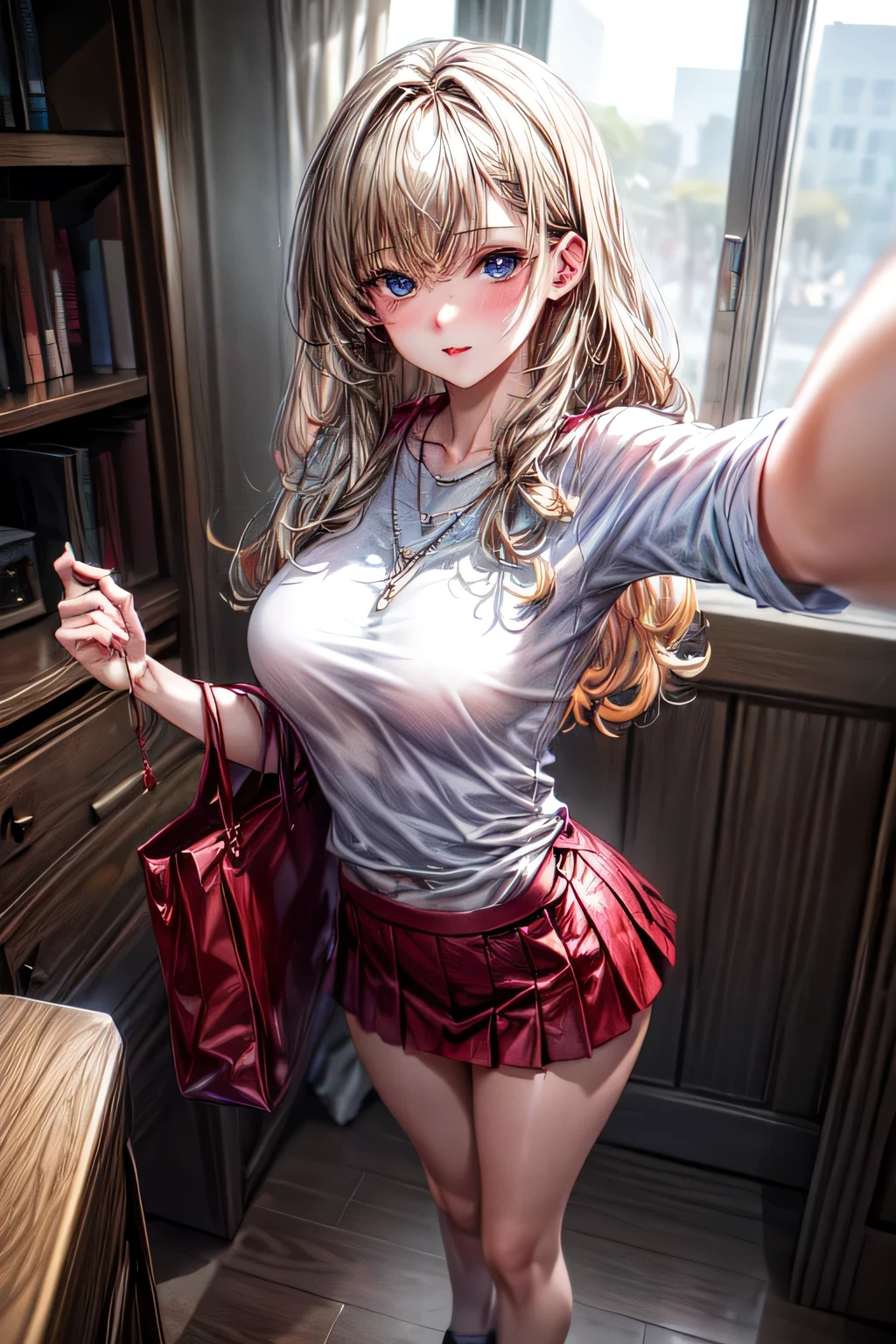 (Masterpiece, Professional lighting, 16k, 8k wallpaper, raw photo, photorealistic:1.8, ultra detailed, , slightly wide angle lens, natural lighting, detailed skin, detailed face, detailed eyes), 1 beautiful girl, selfie shot from above, full body image , long curly blond hair with bangs, necklace, blue eyes, sexy gaze inviting look, white top short red skirt