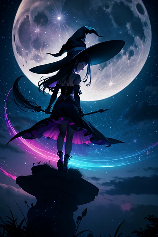 silhouette of a witch riding on her broom into the night sky with full moon, c4d, dreamy and optimistic, vibrant sky