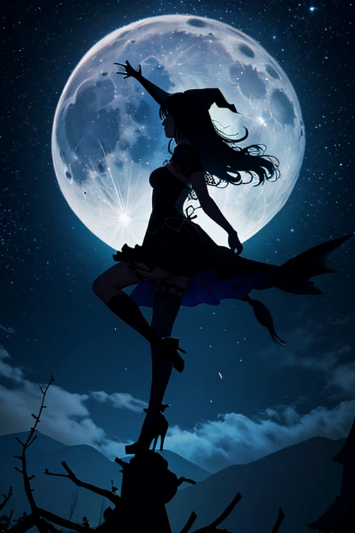 silhouette of a witch riding on her broom into the night sky with full moon, c4d, dreamy and optimistic, vibrant sky