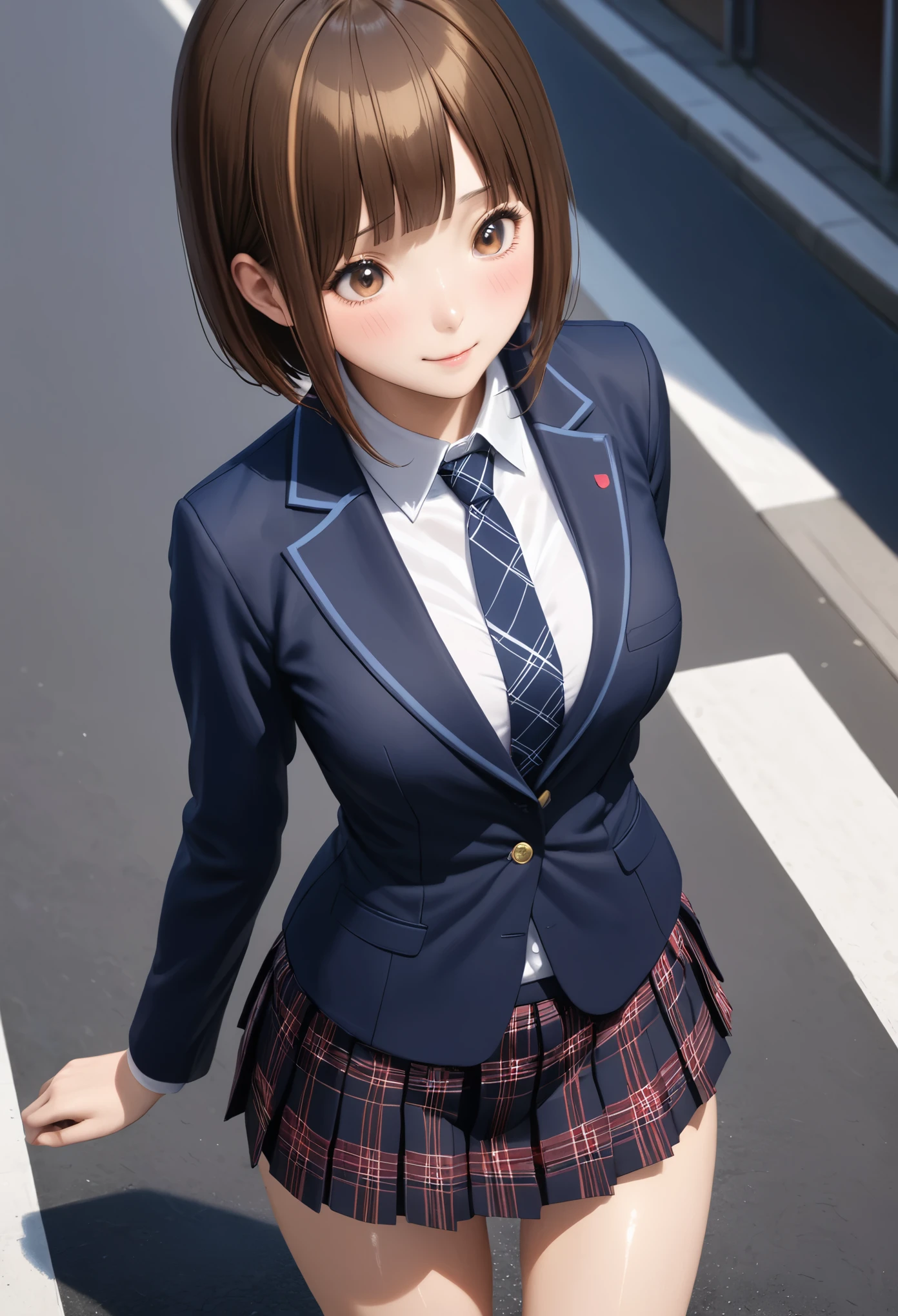 (realistic:1.5,masterpiece,Highest quality:1.3,best quality illustration),cowboy shot,1woman,20 year old Japanese beauty,very small head,(short bob brown hair),bangs,brown eyes,gorgeous eyes,blush,smile,.medium breasts,((very long body:1.3)),((toned body,slender body,skinny:1.3)),(School uniform、Dark blue blazer jacket、White shirt、Navy blue tie、Dark blue plaid pleated mini skirt),gleaming skin,shiny skin,sweat,standing,on street、Tokyo,