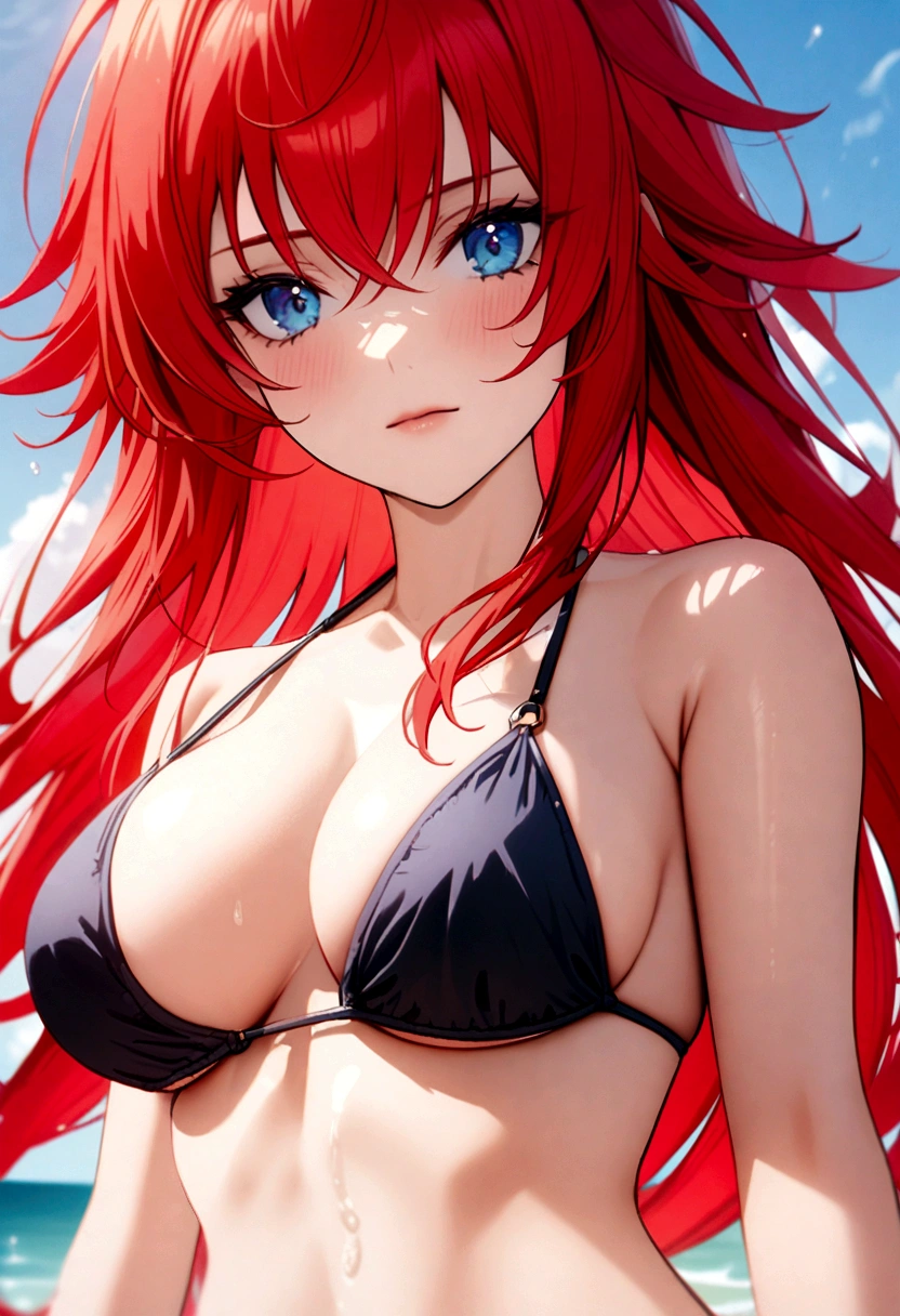 Rias Gremory red hair blue eyes wearing a bikini