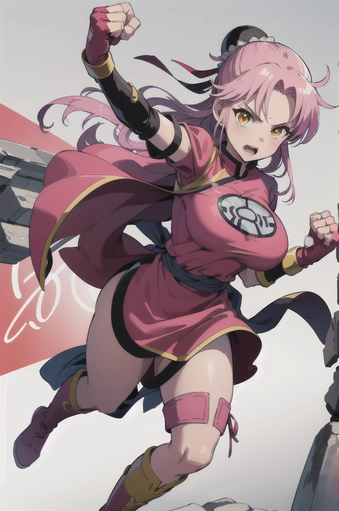 (masterpiece, best quality:1.1), (open mouth, clenched fist, action pose,:1.1), maam, dragon quest, 1girl, solo, big breasts:1.6, looking at viewer, short hair, pink hair, parted bang, (bun cover,:1.1) yellow eyes, fingerless gloves, pink gloves, chinese clothes, Red dress, ribbon, boots, white background 