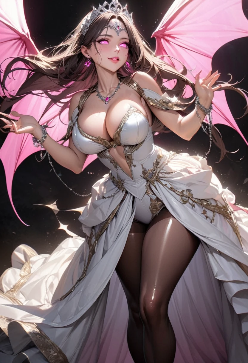 Young beautiful woman,(Highest quality,Extremely detailed depiction,Incredibly absurd high resolution,Anatomically accurate depiction,Two lovely hands, Five perfect fingers,Curvy Legs),(Glowing Skin,Shiny skin,Oilskin),(((A succubus disguised as a princess in a complex white dress))),(Princess Dress,Luxurious accessories,necklace,Earrings,bracelet,A luxurious tiara,black tights),eyelash,(Glowing pink eyes,There is cleavage in the chest,A seductive smile,Large Breasts,Glossy Lips,Inviting gesture),Sweat,whole body,background:Dance