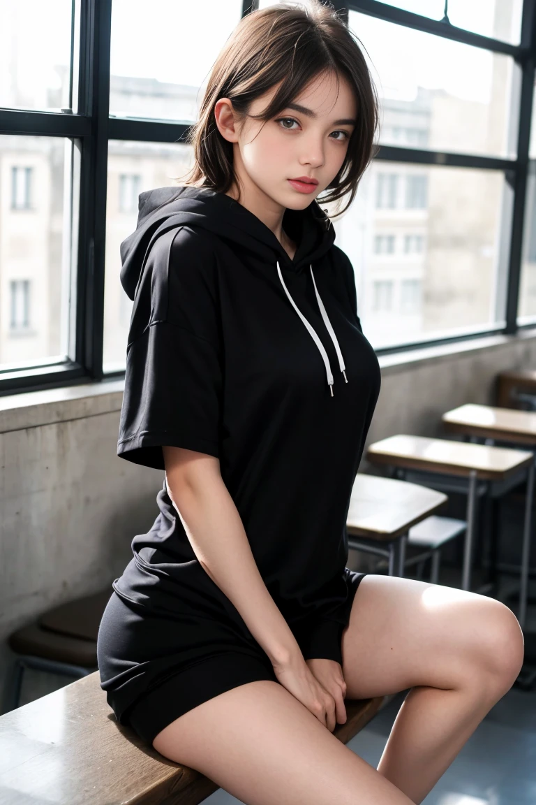 une femme de 18 ans sexy et mince , black short sleeve hoodie , salle de classe, se touche,position sey,sensuel