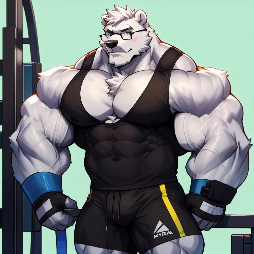 solo, 1boy, Huge Muscular Daddy White Polar Bear wearing glasses, huge white fur, pectoral, huge pectoral, wide pectoral, short white hair, blue colored gym short pants, blue colored wristbands and blue colored tank top, white bearded, white Mustache, white fur, simple background, masterpiece, high detailed, 8k, high resolution, at the gym, flexes huge muscles