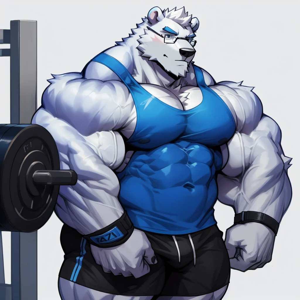 solo, 1boy, Huge Muscular Daddy White Polar Bear wearing glasses, huge white fur, pectoral, huge pectoral, wide pectoral, short white hair, blue colored gym short pants, blue colored wristbands and blue colored tank top, white bearded, white Mustache, white fur, simple background, masterpiece, high detailed, 8k, high resolution, at the gym, flexes huge muscles