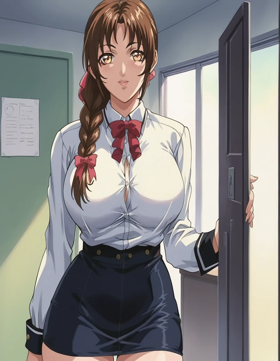 score_9, score_8_up, source_anime Bibl3, cute girl, brown hair, twin braid hair, hair ornament, hair ribbon, short skirt, huge breasts, heavy breasts, full lips, vivid lips, wide hips, thick thighs, viewed from front, doorway of office, curious smile, innocent expression, staring at viewer, detailed eyes, detailed face, pretty woman, morning