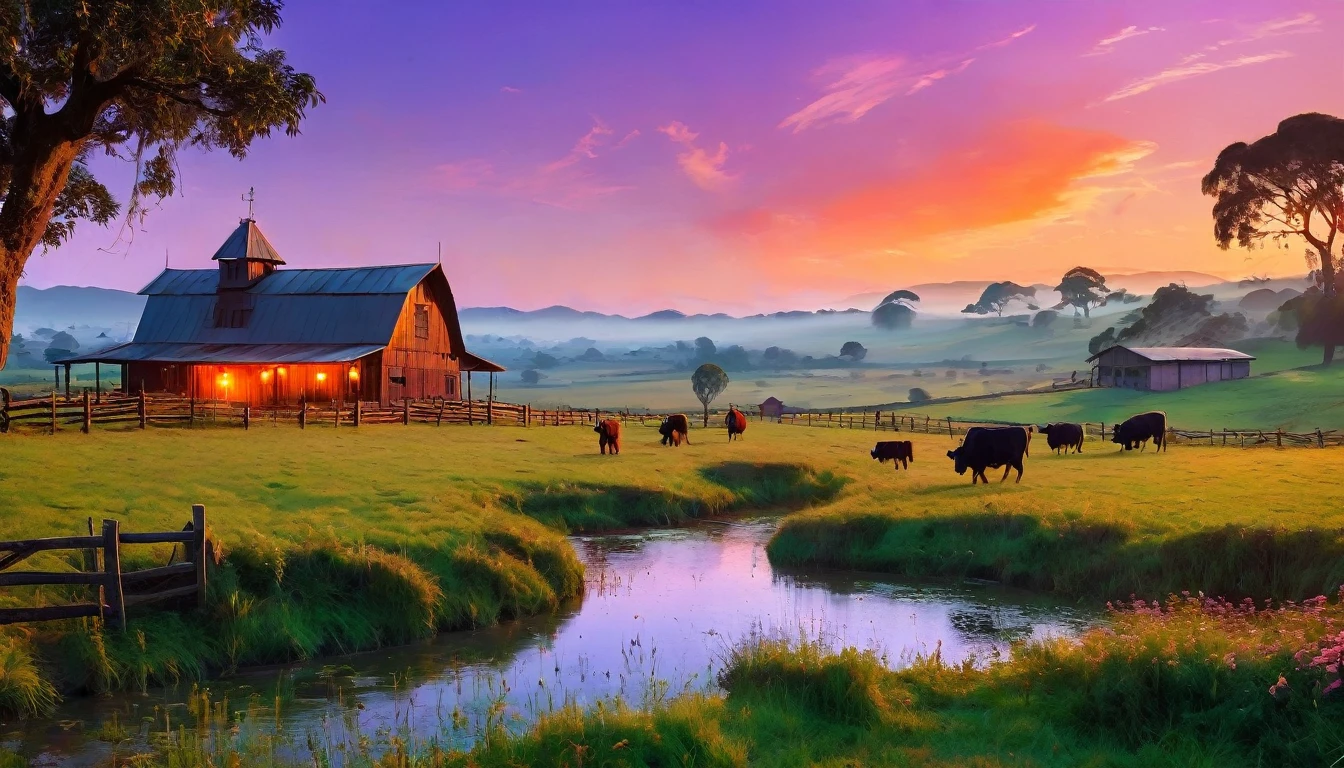 A beautiful Brazilian farm at sunset, with vibrant and soft colors reminiscent of 'Star Wars: The Force Awakens' poster. The sky painted in hues of orange, pink, and purple, casting a warm glow over the vast farmland. The silhouette of a traditional farmhouse, with rustic wooden fences and a few grazing cattle. The scene is peaceful and nostalgic, capturing the essence of a tranquil evening in the countryside. Elements of sci-fi subtly blended into the natural landscape, inspired by the visual aesthetics of Star Wars, particularly the serene yet otherworldly atmosphere. The image should evoke a sense of homage and remembrance, reflecting the legacy of a beloved farmer.