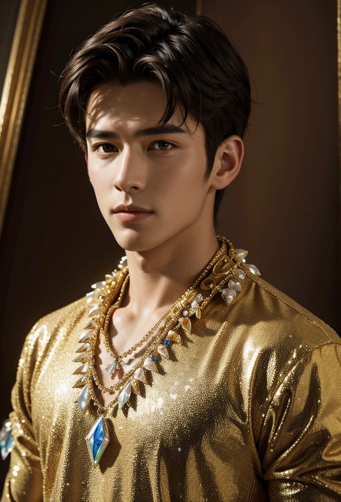 (realistic, Masterpiece, best quality, height, Highly detailed), a young and handsome man posing bare surrounded by crystal, Crystal&#39;s identity as a human being, 18 year old male, bare, genitals, bright colors, realistic light, sparkling reflection, Bright and radiant skin, The body is strong and slender., intense stare, striking features, well defined jaw, messy hair, Confident and relaxed posture, artistic elements, Elegant and elegant gestures, A charming and charming expression, The man&#39;s body was covered in delicate and complex crystals., Create a mesmerizing and ethereal effect., Impeccable attention to detail, Flawless surface display, The perfect mix of realism and fantasy., Incredible depth and dimension, The attention-grabbing contrast between the smoothness of the man&#39;s skin and the texture of the crystal., A seamless blend of the human form and the crystal surrounding it., creates a feeling of elegance, beauty, and mystery, A powerful symbol of purity and strength embodied by crystal elements., Expert use of shadows and highlights to enhance the three-dimensional quality of the image., Expert use of color to create a dreamlike atmosphere., Delicate and exquisite light and shadow, Create amazing and emotional scenes., Exquisite workmanship and skilled operation, capturing the essence of both the human form and the ethereal beauty of crystals, Create an impressive and memorable viewing experience..