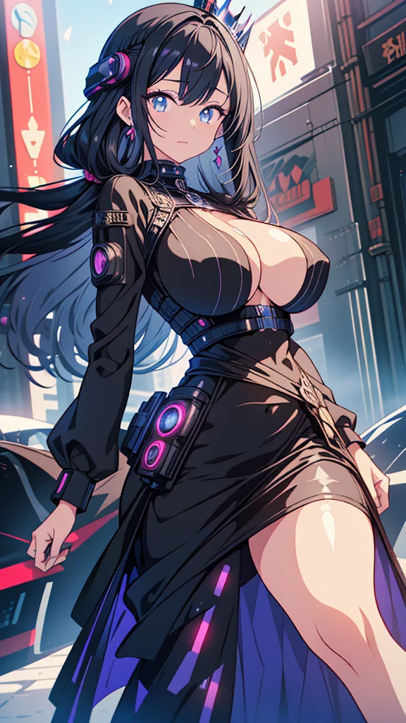 best quality, extremely detailed, anime style adult 1girl, long hair down to the waist, straight hair, ((dark black hair with bluish)),crown braid,beautiful detailed eyes, pinched eyes, dark blue eyes, huge breasts,curvy,(((cyberpunk and magical dress))),light smile,((amusement park)),animation cap,animated gif
