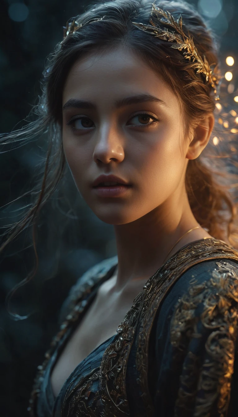 close mid-shot, ultra detailed visually rich illustration of (((a girl in motion))), luminous and enchanting, dark and eerie, lit dark fantasy realm, (rule of thirds) depth of field intricate details, subtle colors, fantastical realm, extremely detailed, ultra sharp focus, light particles, attention to detail, grandeur and awe, cinematic, stunning visual masterpiece, double exposure, photorealistic, cinematographic scene, highest quality, 32k, octane render, ((styles seamlessly blending together)), (((seamless blending))), (((environmental outlines))), ((detailed environment)))