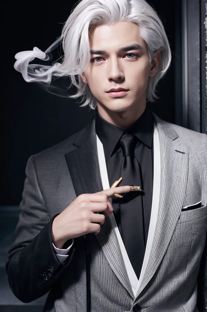 good looking, alone, 1 male, White hair with smoky grey tips, Golden Eyes, Black Shirt, Black and white suit, smoking, night, Black light