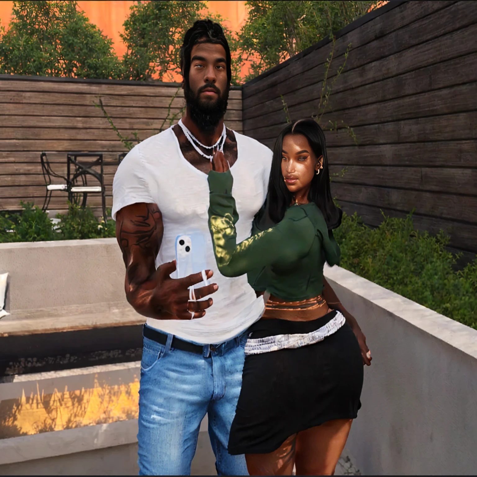il y a un homme a la peau noir musclé avec un tee shirt blanc et un jean bleu qui tient un telephone et de l'autre coté une femme a la peau noir qui tient l'homme