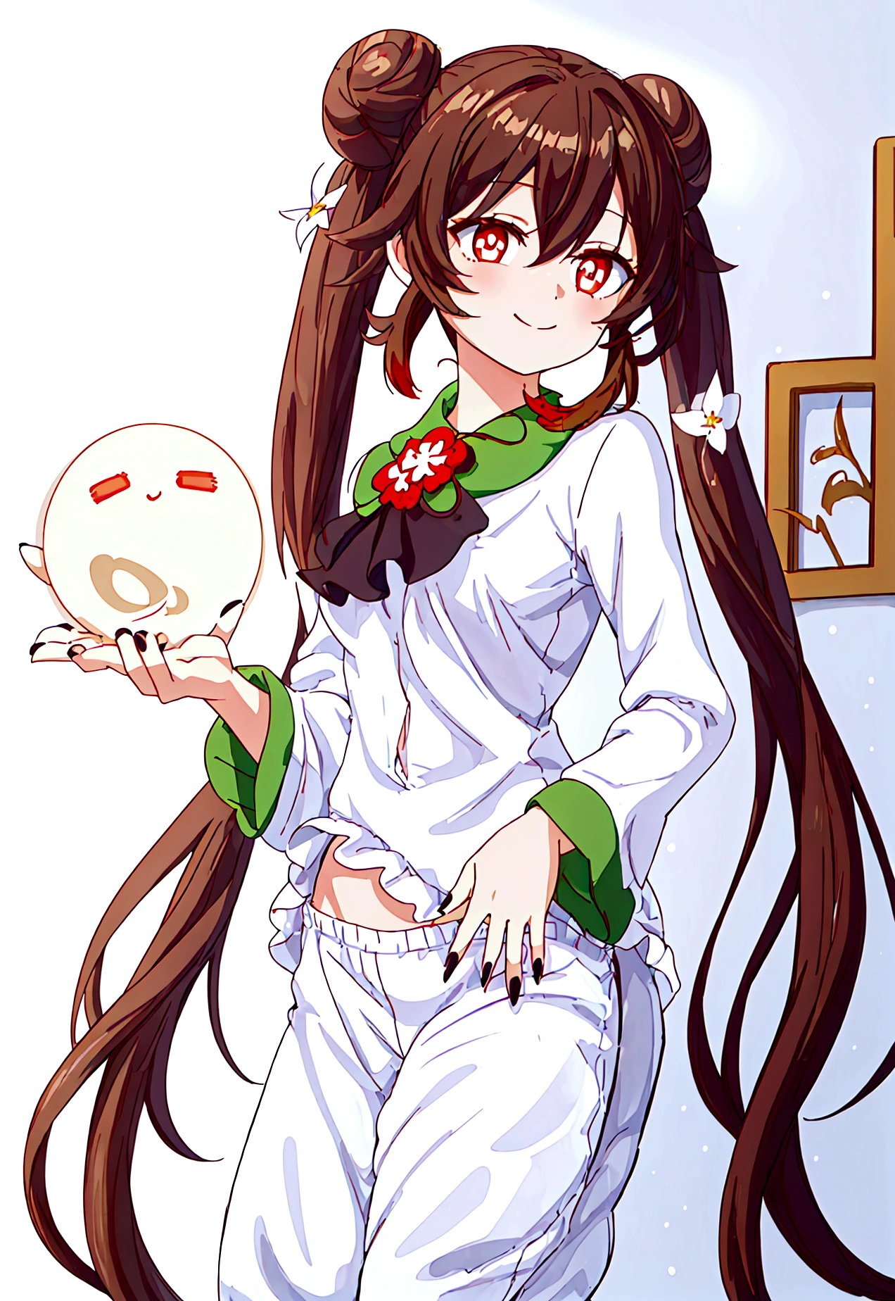 (by ikky:0.9), hutao \(genshin impact\), (cowboy shot), (anime style), (fantasy theme), (in a room, night), ((white background, all white background)), (looking at viewer, hand on hair, making a bun), (gentle smile, warm and inviting), (brown hair, small breasts, black nails), (twintails, red eyes with white flower in pupils), (wearing light green nighty shirt and long pants with stars, moons, and other space-related small icons), (cozy and intimate setting, soft lighting), (delicate features highlighted, intricate designs on pajamas), (beautiful color, detailed, aesthetic), (amazing quality: 1.4)