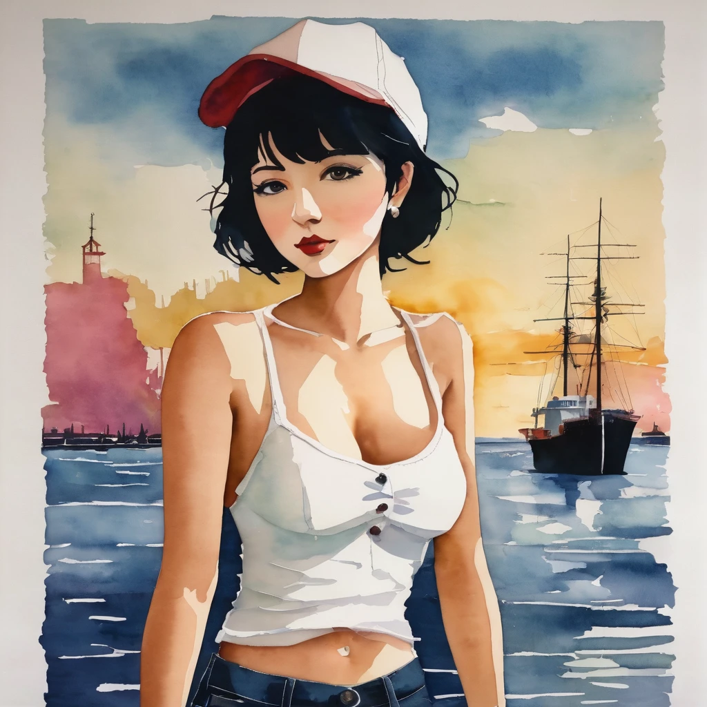 (((paper cutting style))), 1 girl, short black hair, cap, shirts and denim, portfolio, harbor and ship, ((topless:1.5)), ((small breasts:1.4))