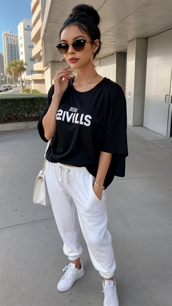 A stylish young woman posing confidently in an urban setting. She's wearing an oversized black t-shirt with "BEVERLY HILLS" printed on it, paired with loose white sweatpants and white sneakers. She has her hair tied back and is accessorized with large sunglasses and hoop earrings. The background features a parking garage entrance with a "Maximum Clearance 2m" sign.