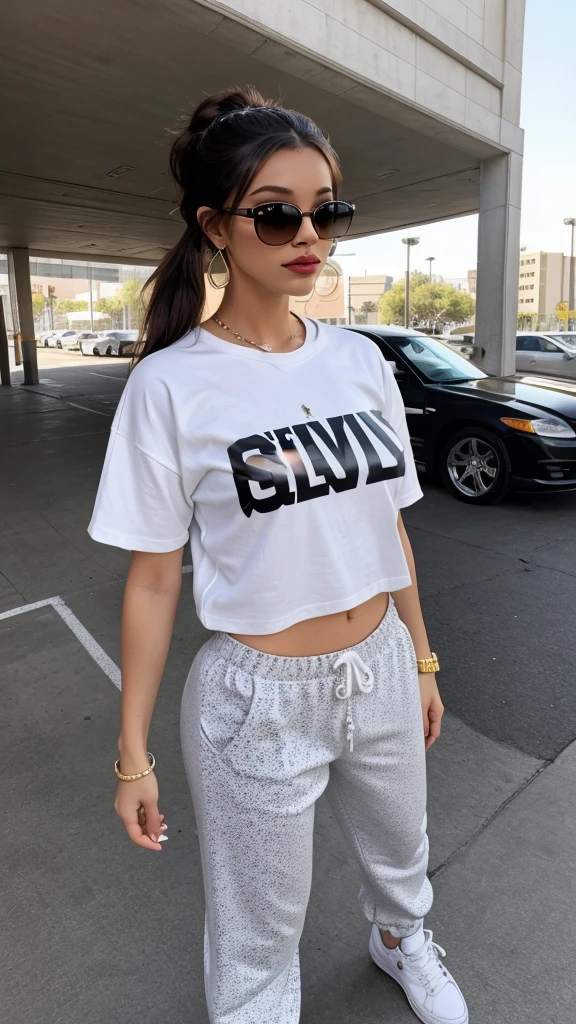 A stylish young woman posing confidently in an urban setting. She's wearing an oversized black t-shirt with "BEVERLY HILLS" printed on it, paired with loose white sweatpants and white sneakers. She has her hair tied back and is accessorized with large sunglasses and hoop earrings. The background features a parking garage entrance with a "Maximum Clearance 2m" sign.