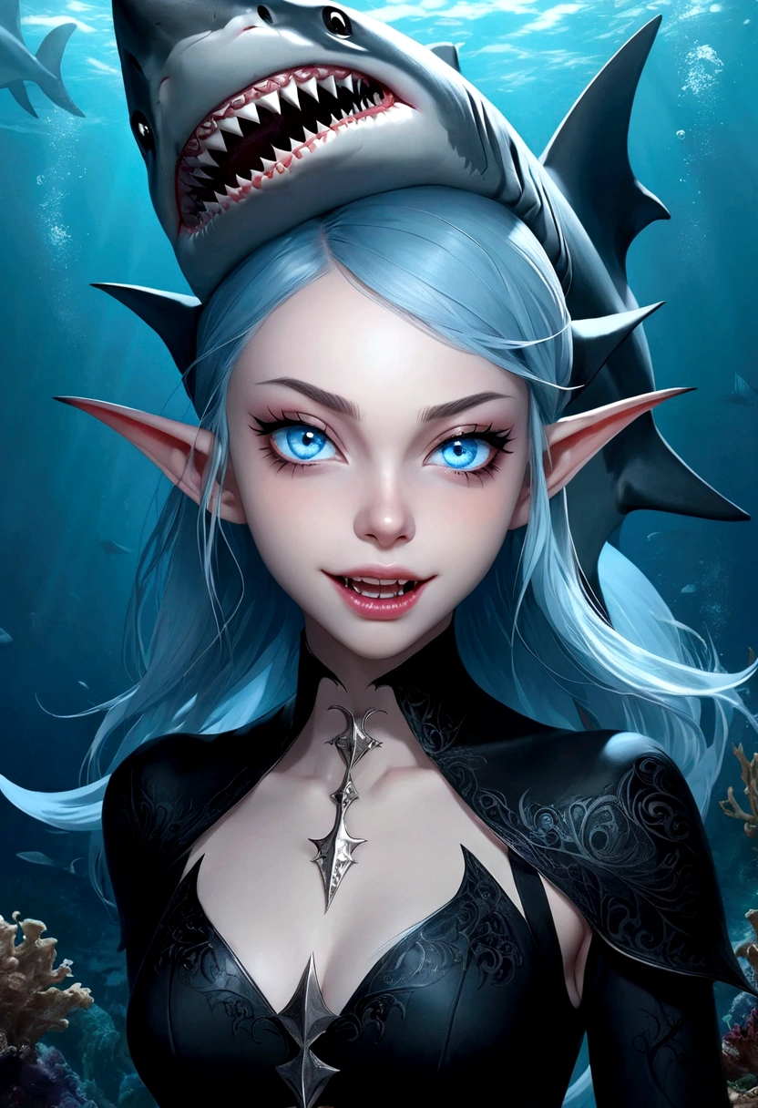 Fantasy Undersea,Shark Elf Girl,blue eyes,Sharp Fangs,Shark fin feature on back,look back,fierce,Gothic Art,Dark Wind