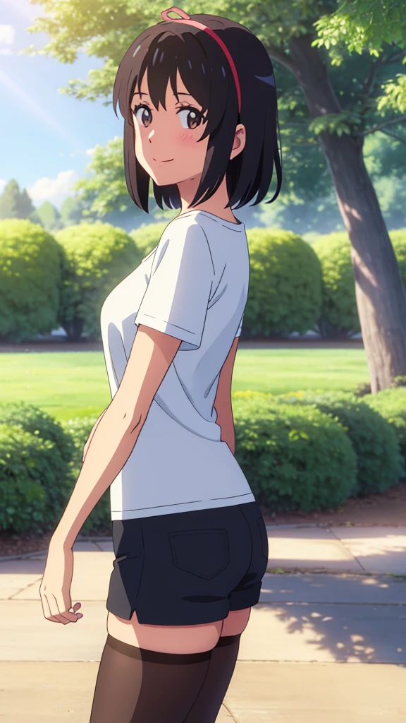 shinkai makoto, kimi no na wa., 1girl, bangs, black hair, blush, bright eyes, brown eyes, looking at the viewer, red headband, casual clothes, white t-shirt, black shorts, black thighhighs, short hair, medium breasts, solo, day, outdoors, shinny skin, smile, blue_sky, sunlight, summer_season, scenery park, jogging, tree, upper body portrait