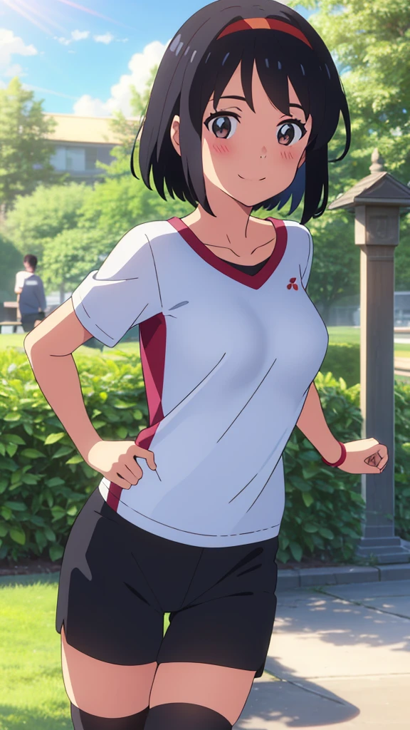 shinkai makoto, kimi no na wa., 1girl, bangs, black hair, blush, bright eyes, brown eyes, looking at the viewer, red headband, casual clothes, white t-shirt, black shorts, black thighhighs, short hair, medium breasts, solo, day, outdoors, shinny skin, smile, blue_sky, sunlight, summer_season, scenery park, jogging, tree, upper body portrait