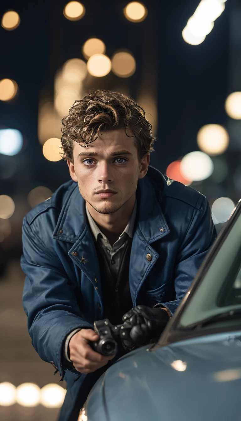 Surrealism:1.5, looking at the camera, Bokeh, Jack Blue in a blue jacket, Carjacking, High-quality DSLR snapshots, High-definition film grain photo taken at f/16, ISO 100, With 200mm lens, Global Illumination, Fibonacci