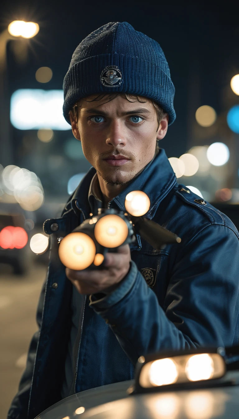 Surrealism:1.5, looking at the camera, Bokeh, Jack Blue in a blue jacket, Carjacking, High-quality DSLR snapshots, High-definition film grain photo taken at f/16, ISO 100, With 200mm lens, Global Illumination, Fibonacci