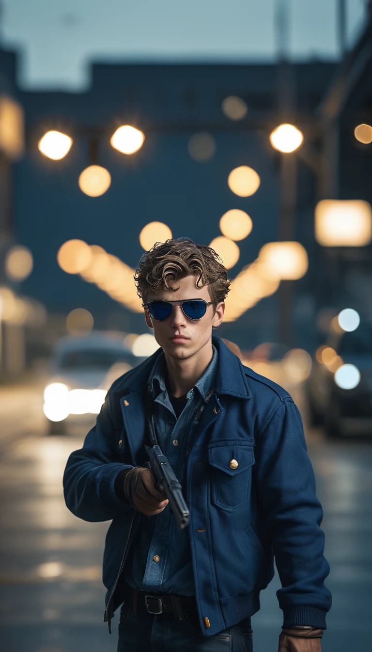 Surrealism:1.5, looking at the camera, Bokeh, Jack Blue in a blue jacket, Carjacking, High-quality DSLR snapshots, High-definition film grain photo taken at f/16, ISO 100, With 200mm lens, Global Illumination, Fibonacci