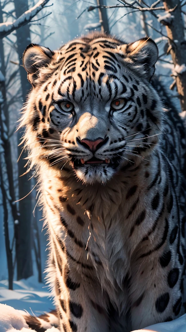 (best quality,16k,32k,highres,masterpiece:1.2),ultra-detailed,(realistic,photorealistic,photo-realistic:1.37),(The ultimate Orochi snow Leopard) glowing red eyes realistic fire background of totally destroyed Forest alone looking at the camera serious expression.