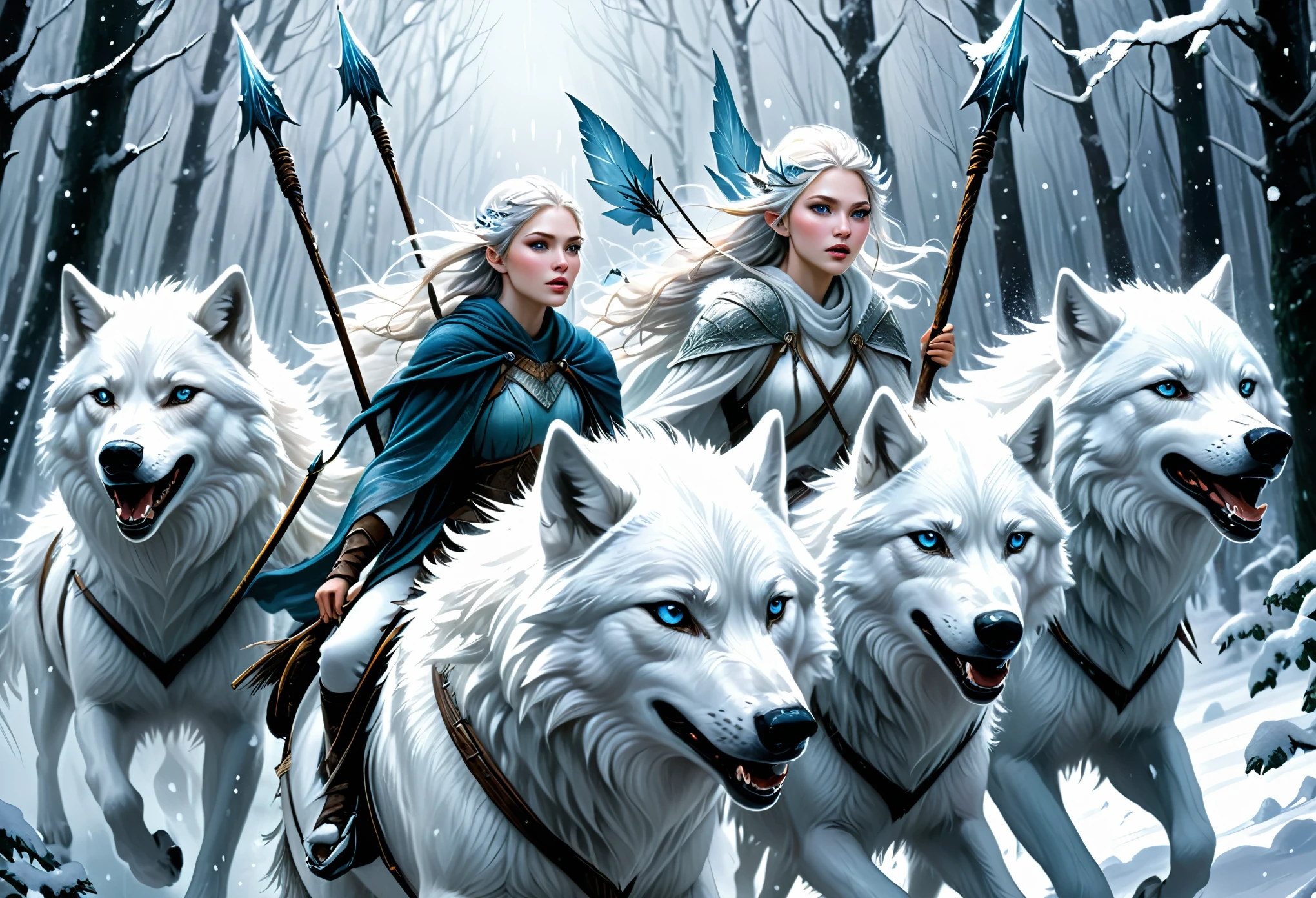 hyper-realistic digital painting, very detailed faces, fae aesthetic, ice fairies riding to war, riding on white wolves, forest scene, ((snow storm)), carrying spears