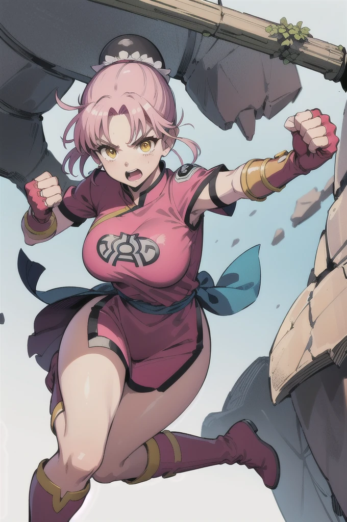 (masterpiece, best quality:1.1), (open mouth, clenched fist, action pose,:1.1), maam, dragon quest, 1girl, solo, big breasts:1.6, looking at viewer, short hair, pink hair, parted bang, (bun cover,:1.1) yellow eyes, fingerless gloves, pink gloves, chinese clothes, Red dress, ribbon, boots, white background 