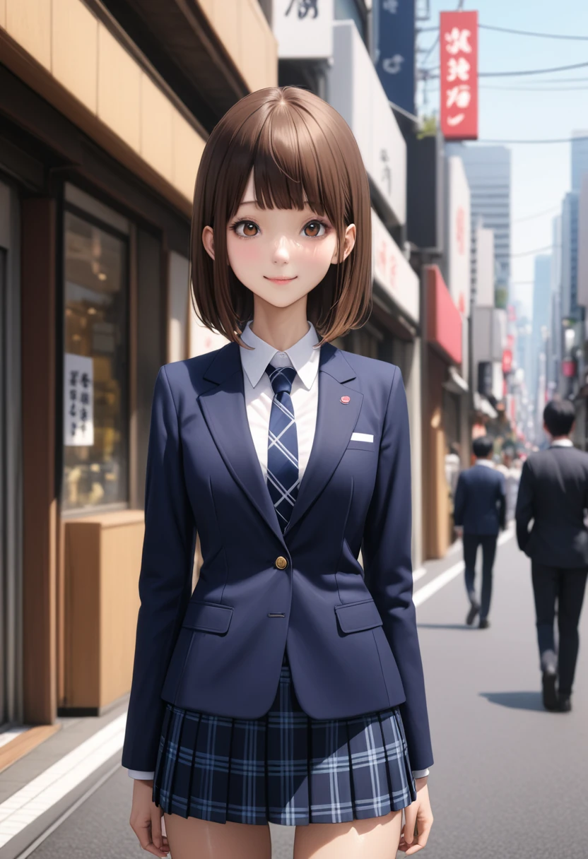 (realistic:1.5,masterpiece,Highest quality:1.3,best quality illustration),cowboy shot,1woman,20 year old Japanese beauty,very small head,(short bob brown hair),bangs,brown eyes,gorgeous eyes,blush,smile,medium breasts,((very long body:1.3)),((toned body,slender body,skinny:1.4)),(School uniform、Dark blue blazer jacket、White shirt、Navy blue tie、Dark blue plaid pleated mini skirt),gleaming skin,shiny skin,standing,on street、Tokyo,