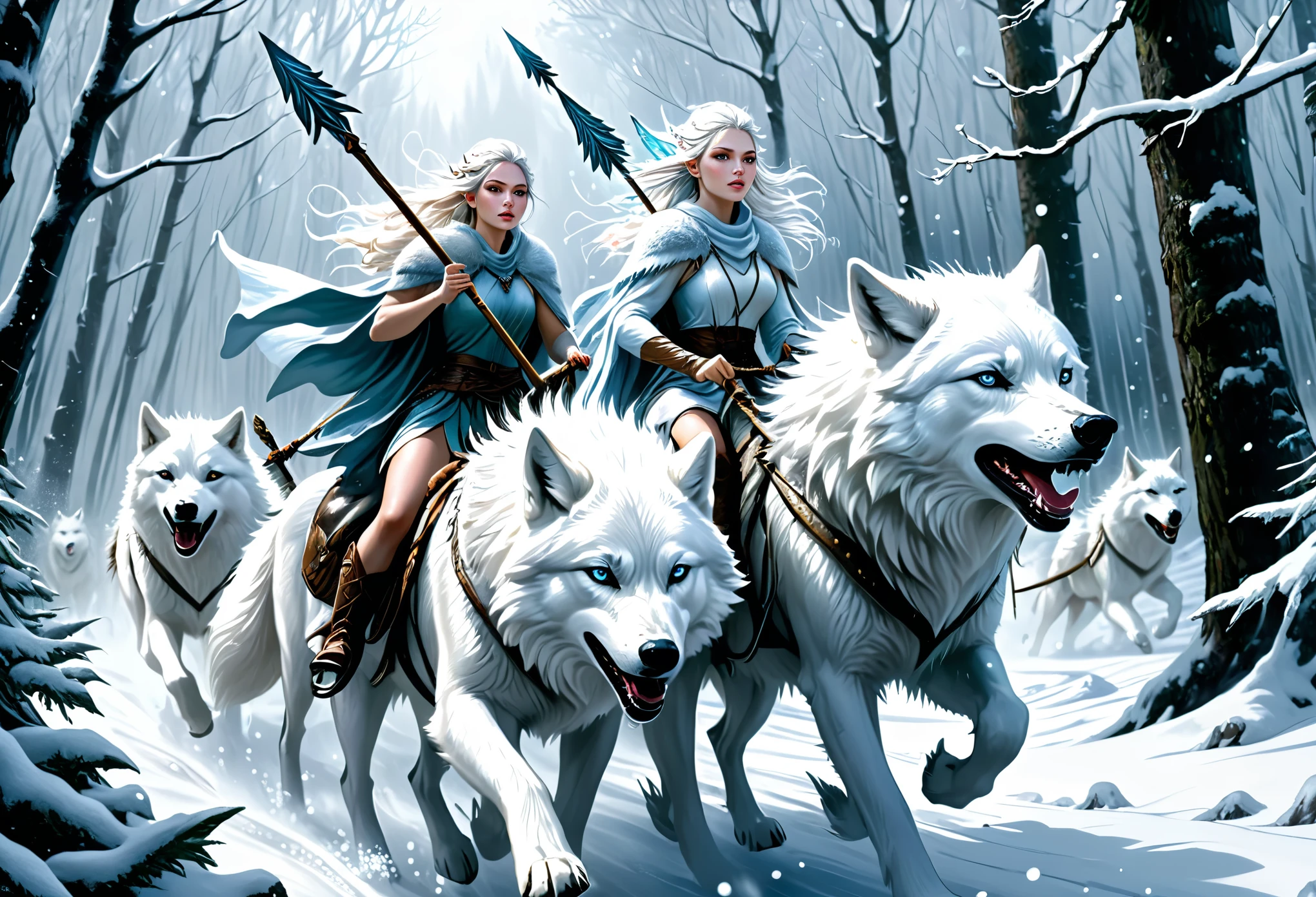 hyper-realistic digital painting, very detailed faces, fae aesthetic, ice fairies riding to war, riding on white wolves, forest scene, ((snow storm)), carrying spears