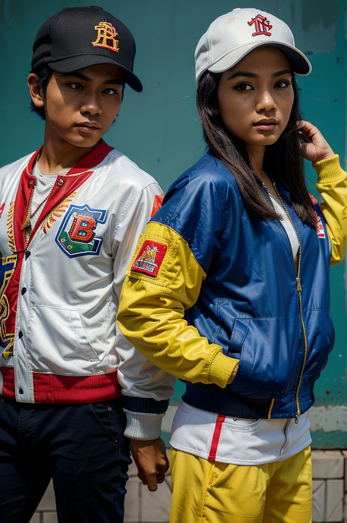  illustration of a young Indonesian man in a bomber jacket and baseball cap, accompanied by a beautiful Indonesian woman, stunning pixel design, detailed characters, vibrant colors, high quality, pixel art, Indonesian style, bomber jacket, baseball cap, stunning woman, vibrant colors, detailed characters, pixel illustration, high quality