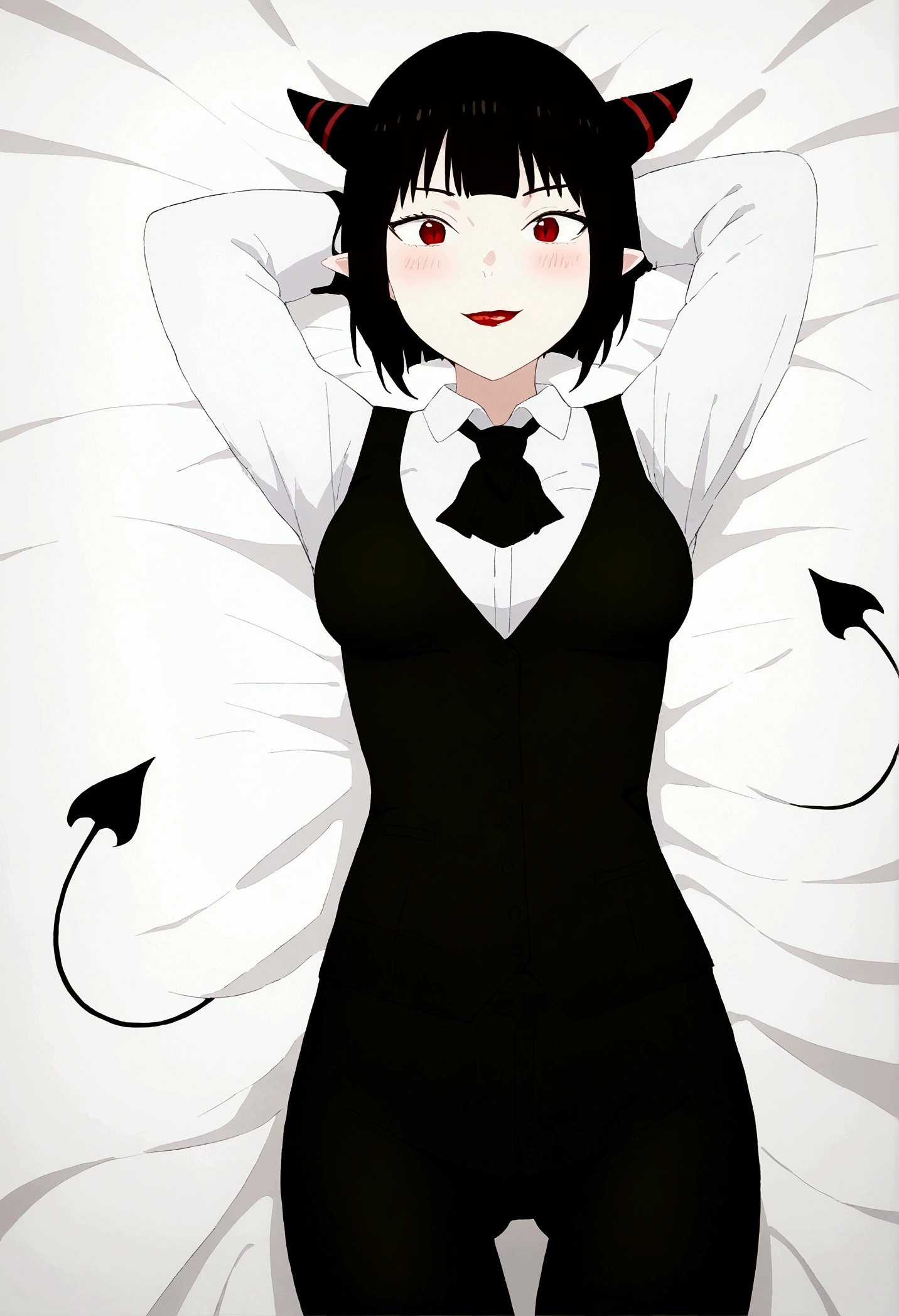 work of art, best qualityer, high resolution, 1girl horns short hair demon tail, white shirt black ascot black gloves black pants black vest lying on your back, sheet, arms behind the head,blushed,face red,cos,ssmile